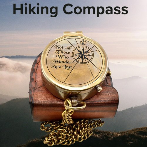 Engraved Brass Pocket Compass with Leather Case & Chain – “Not All Those Who Wander are Lost” – Vintage Navigation Compass Gift for Hiking, Graduation, Husband, or Son