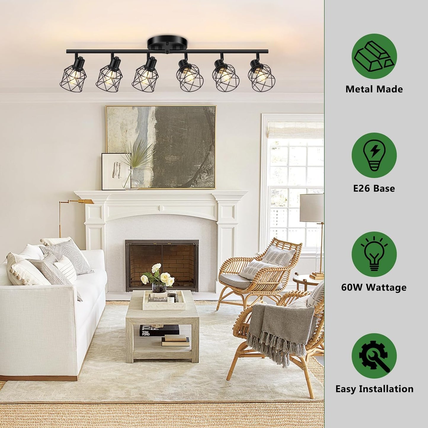 Adjustable 4-Light Semi Flush Mount Ceiling Light with Metal Cage - Farmhouse Style for Dining & Living Rooms