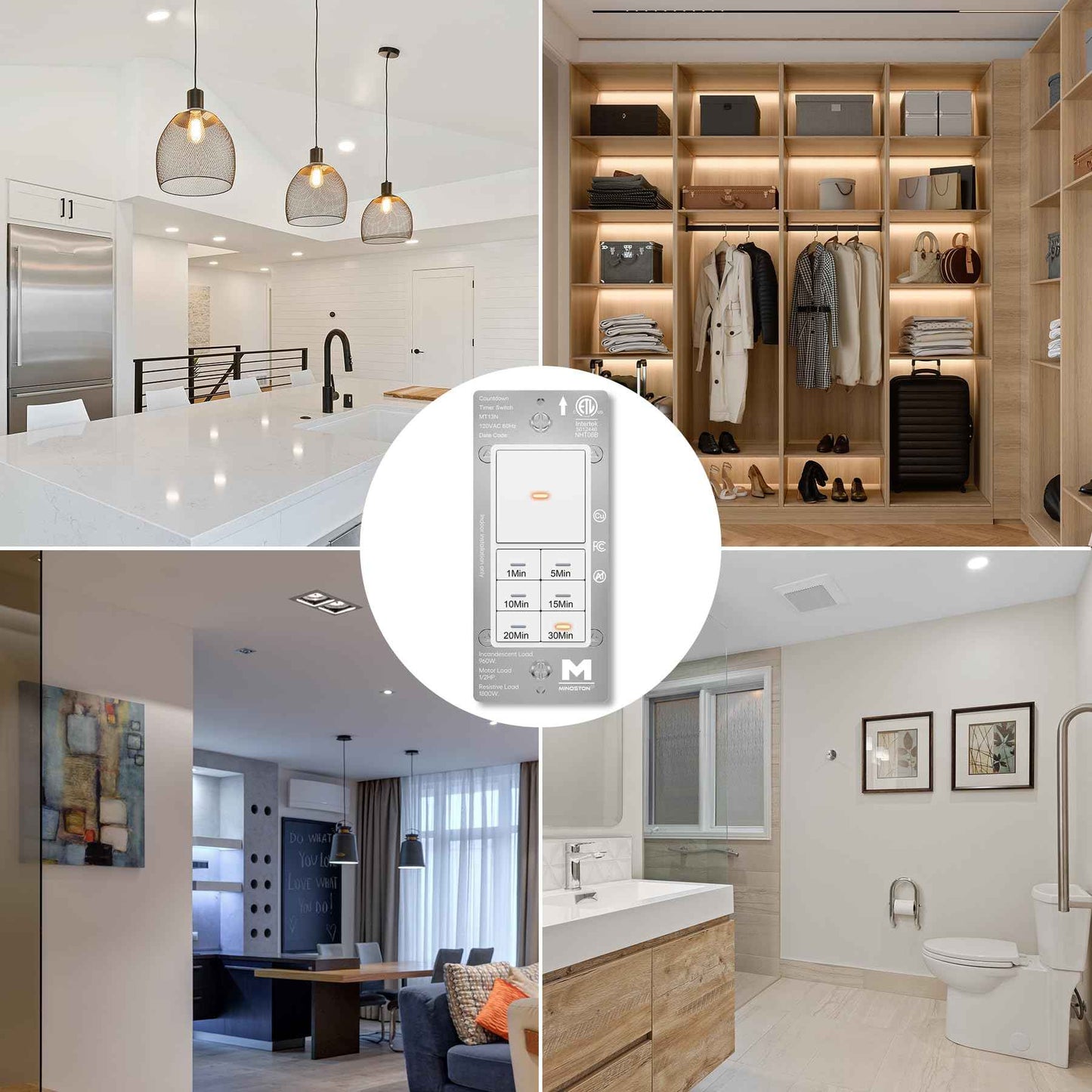 Minoston Countdown Timer Switch with Dimmable Indicator, 30 Min Wall Bath Fan Timer Switch for Bathroom Exhaust Fan and Light, 1-5-10-15-20-30 Minute, Neutral Wire Required, 120V, White (MT13N)