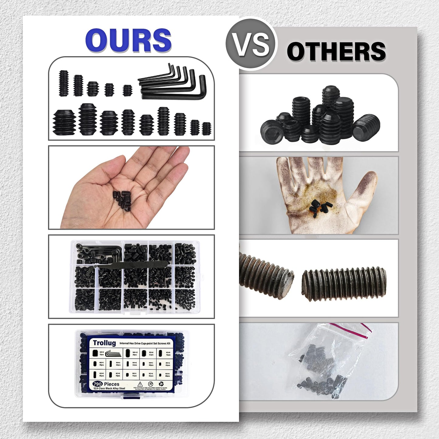 1305PCS Metric + SAE Set Screw Assortment Kit, Internal Hex Drive Headless Set Screw Assortment Kit with 10 Hex Wrenches, M3 to M8 and 1/8-40 to 5/16-18 (Black Alloy Steel)