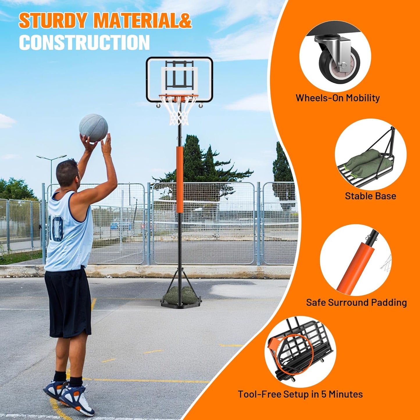 Skiennix Basketball Hoop - Adjustable 7.1-8.9ft Portable Goal for Kids & Adults | 33-Inch Shatterproof Backboard