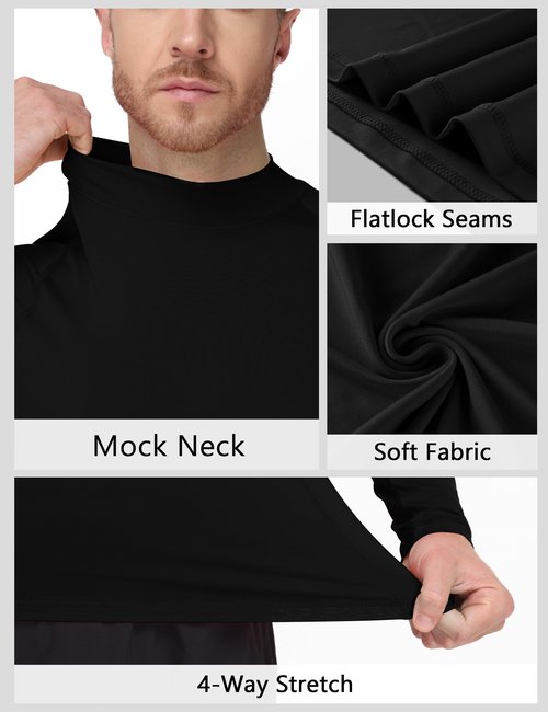 Roadbox Men's Compression Shirt, Mock Turtleneck Long Sleeve Undershirt, Quick Dry Athletic Base Layer for Sports and Workout Black