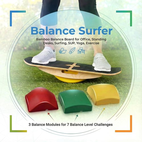 Blue Planet Balance Surfer - Bamboo Balance Board for Office, Surfing, Yoga | Includes 3 EVA Foam Modules