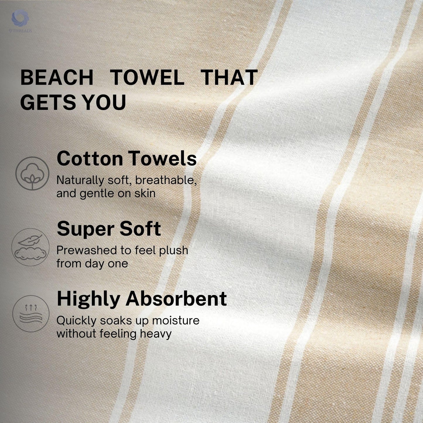 9Threads Cotton Turkish Beach Towel with Towels Oversized 36"x72" Pool Absorbent Extra Large Quick Dry Sand Travel Towel (Beige, 4 Pack)