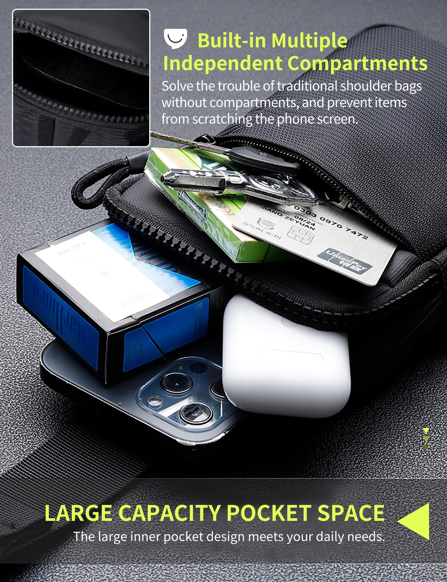 Peciees Mini Anti Theft Crossbody Sling Bag Small Chest Bag Dual Pocket Water Resistant Fanny Pack Running Phone Holder for Men Women Workout Travelling, 2 Sizes, Mini Black