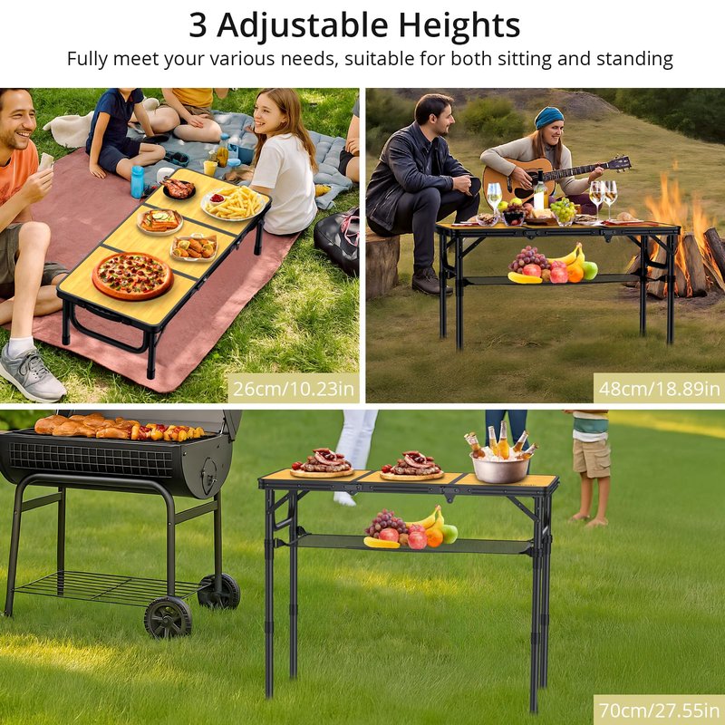 Anbte 3ft Camping Table Foldable with Storage Net and Bag, 3 Adjustable Heights High 27.5" Aluminum Camping Table Portable, for Outdoor Indoor Backyard BBQ Cooking Party Picnic Beach, Light Oak Grain