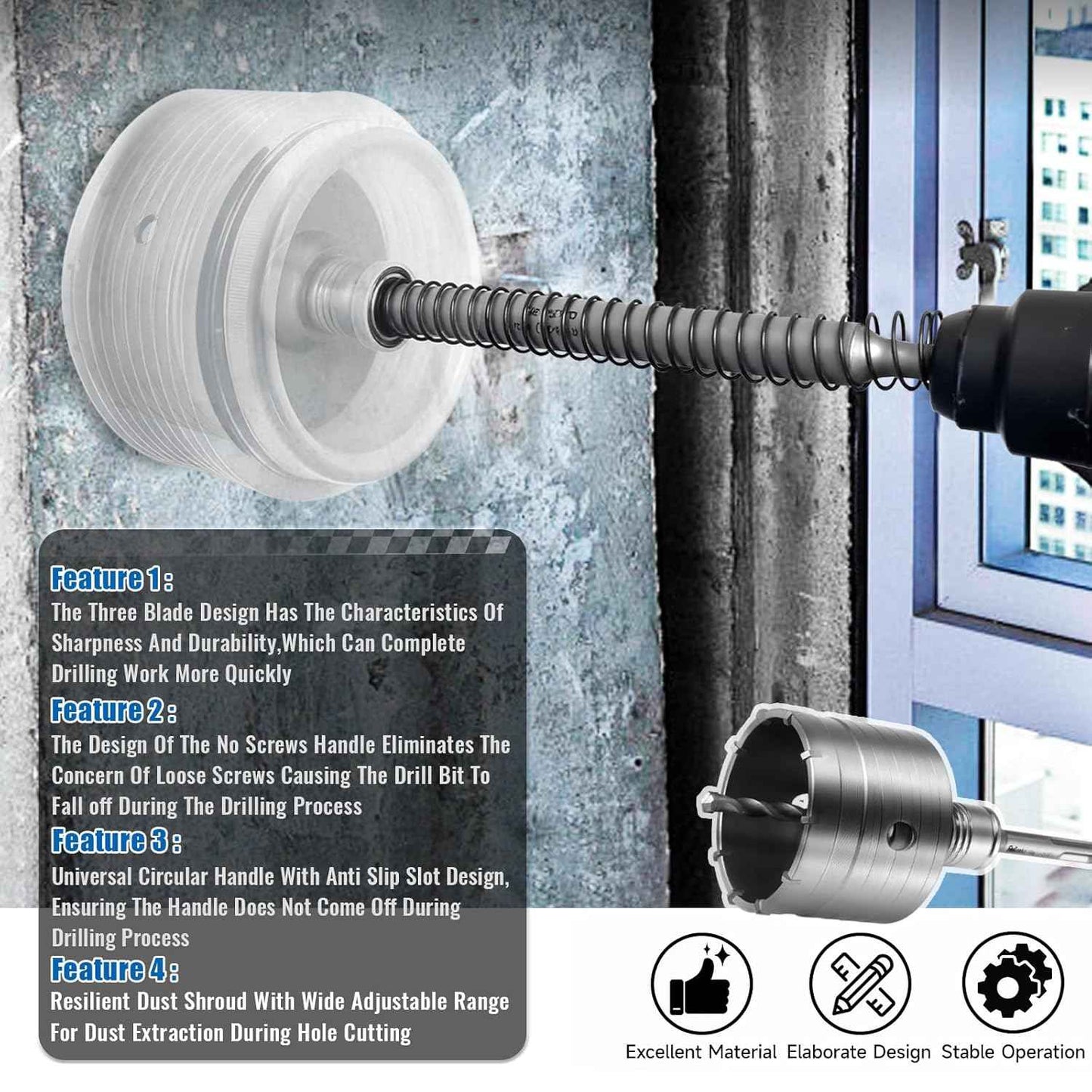 Concrete Hole Saw Kit with Dust Bowl - 30-115mm SDS Plus Set for Brick, Stone & Cement