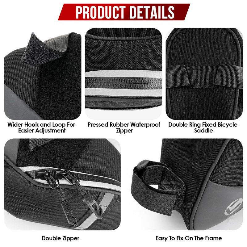 WOTOW Bike Saddle Bag - Waterproof Strap-on Bike Seat Bag - Reflective Bicycle Under Seat Storage Pouch for Road Mountain Bike Cycling Travel