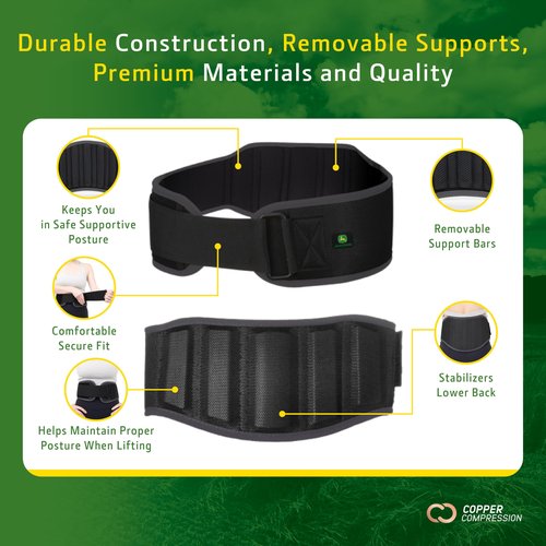 John Deere Back Brace by Copper Compression – Lower Back Belt for Sciatica, Lumbar Pain, Herniated Discs, Muscle Strain – Heavy-Duty Compression with Removable Stabilizers – L/XL