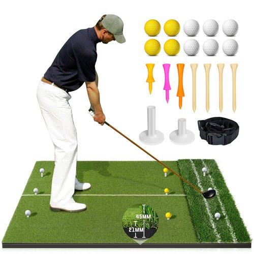 Dual Turf Golf Mat - Practice Indoor/Outdoor, 5 x 4 ft Hitting Mat with Alignment Lines, 9 Tees & Balls Accessories for Swing, Chipping, Putting