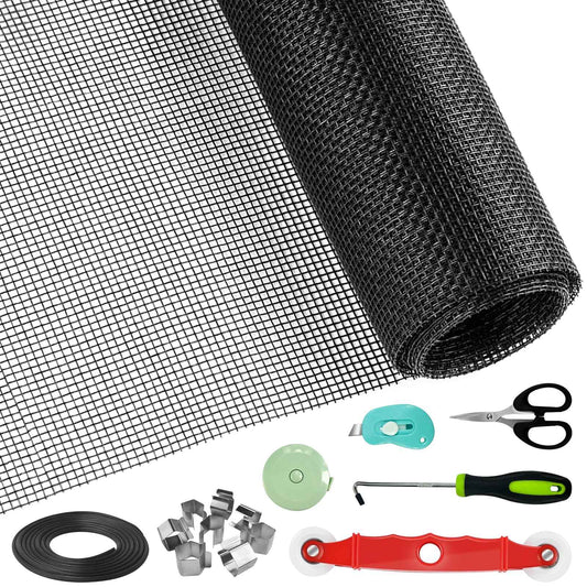 Window Screen Door Repair/Replacement Kit,48" x178" Adjustable Durable Fiberglass Window Screen Mesh,with Spline/Roller/Hook/Clips Screen Door Repair Kit,DIY Window,Porch Sliding Door(Black)