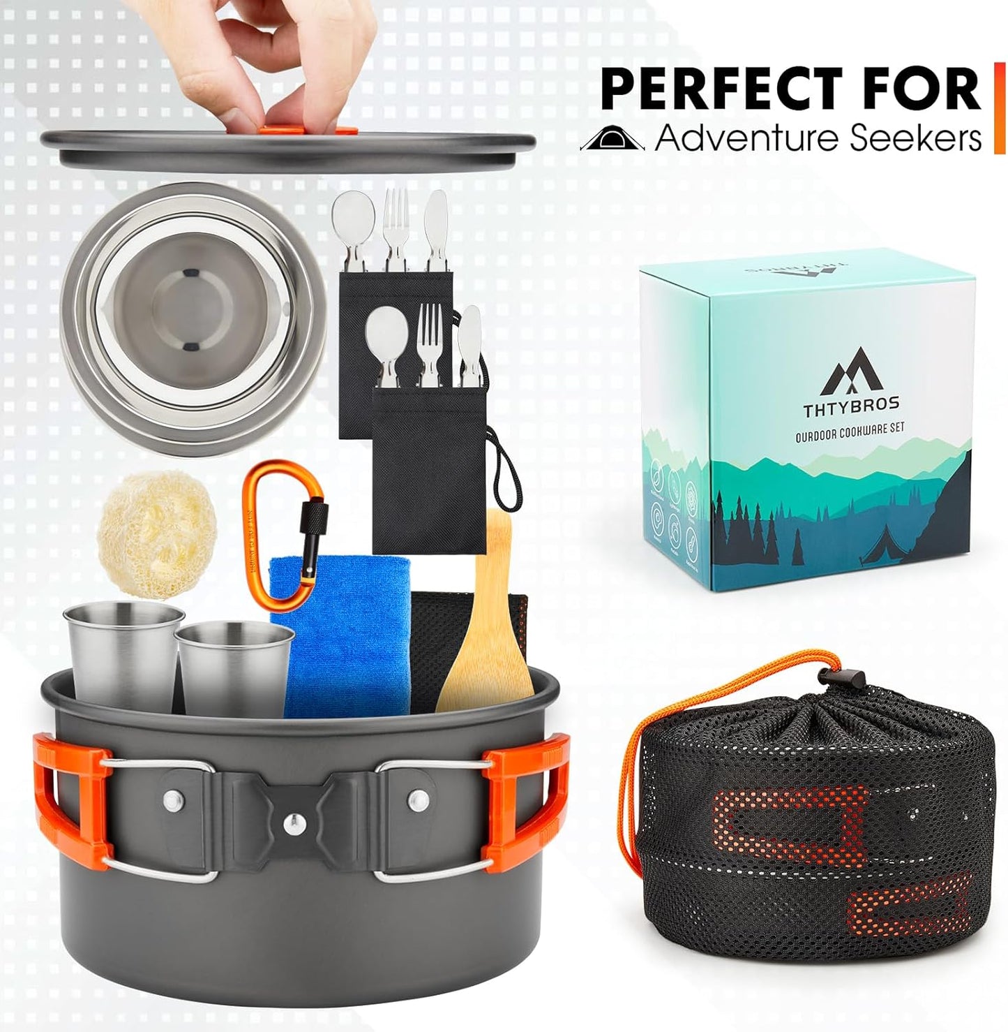 THTYBROS Camping Cookware Kit - 17-Piece Set with 0.45 Gal Pot, 7-Inch Pan & Stainless Steel Utensils