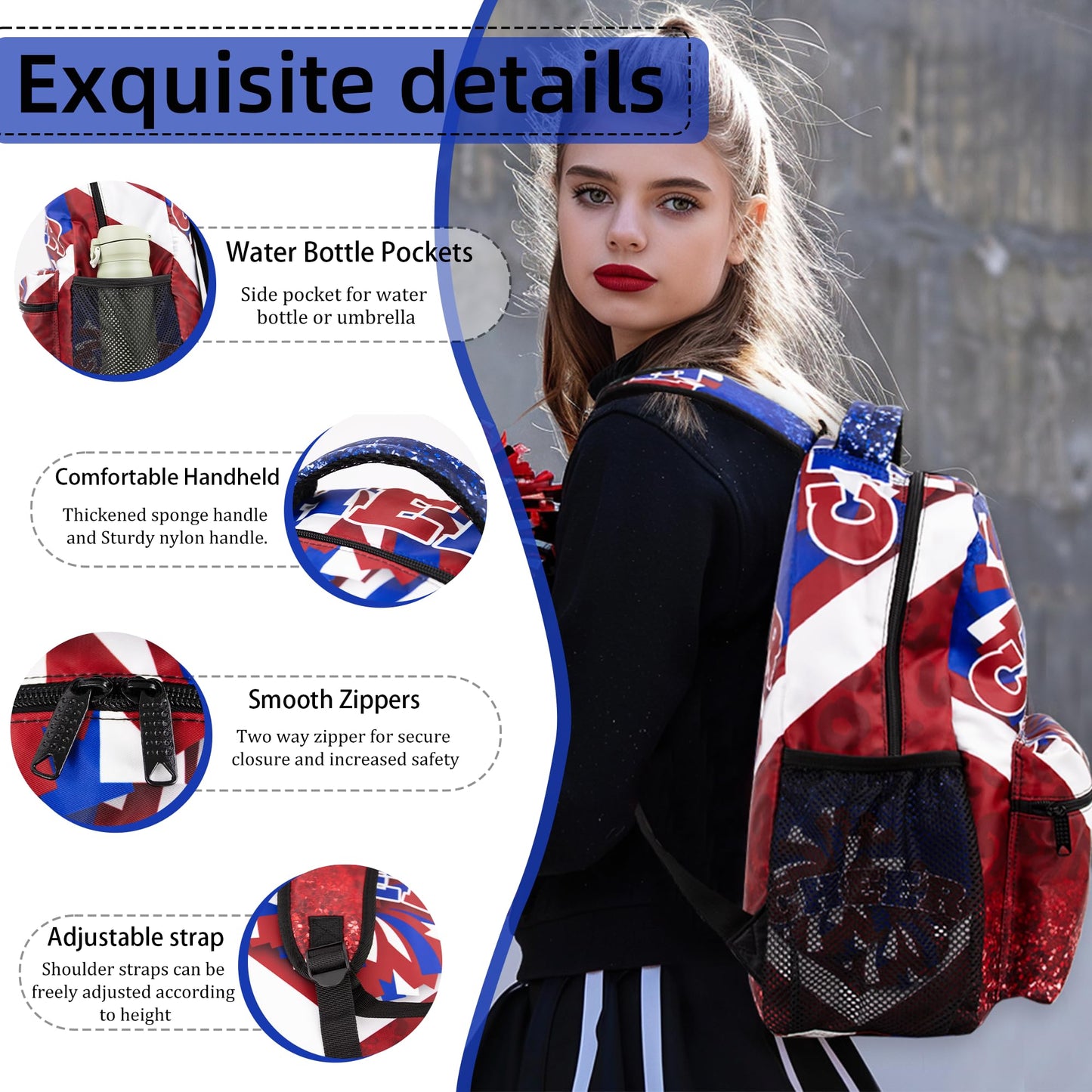 HJKLONE Cheer Backpack for Cheerleaders, Cheerleader Backpack for Women, Cheerleading Gifts for Teams (Blue&Red)