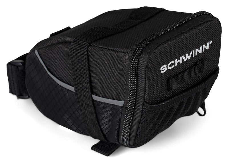 Schwinn Seat Pack for Bicycles, Black, Wide Opening Zipper Closure, Easy Installation, Reflective Piping, Compatible with Most Adult Bikes, Storage for Tube, Wallet, Keys and More, Bike Seat Bag