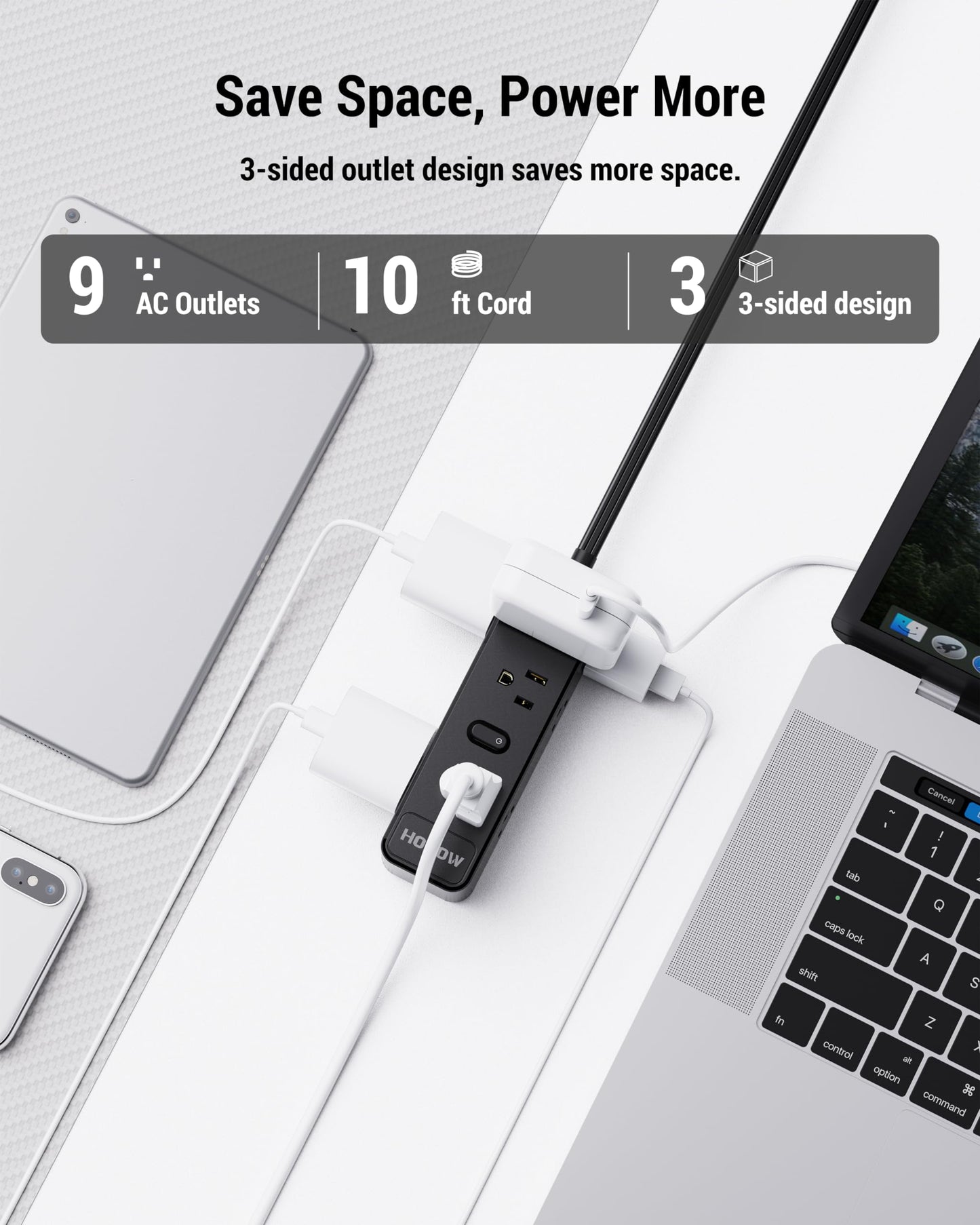 HOPOW Surge Protector Power Strip, 10 Ft Power Strip with 9 Widely AC Outlets, 1700 Joules, Wall Mount 3-Side, Ultra Thin Flat Plug Extension Cord for Travel Home Office College Dorm, Black