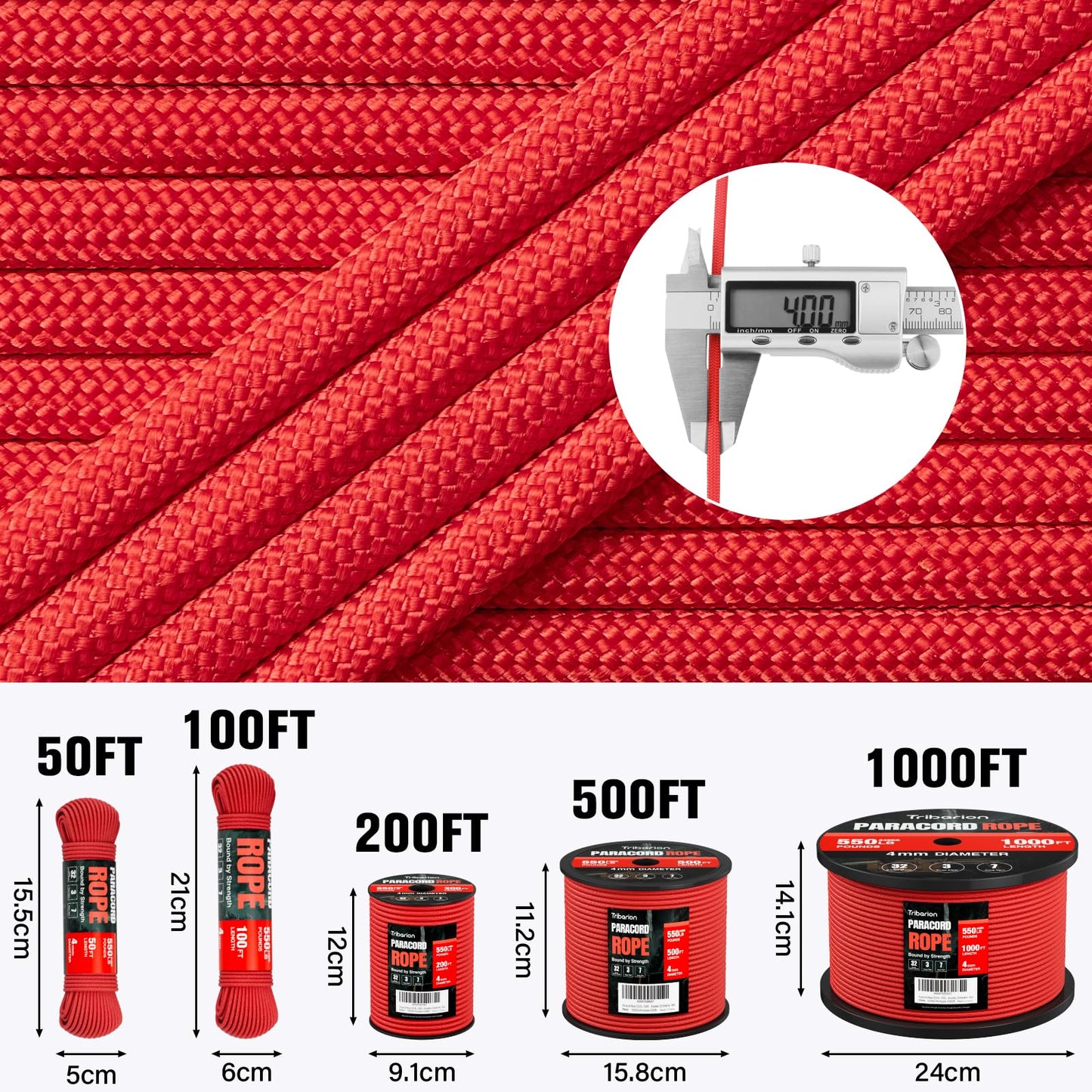 Paracord Rope 550 lb - 500ft 5/32" Parachute Cord 4MM 7-Strand para Cord - Heavy Duty Spool String for Survival,Camping Gear, Survival Bracelet, Clothesline - Red