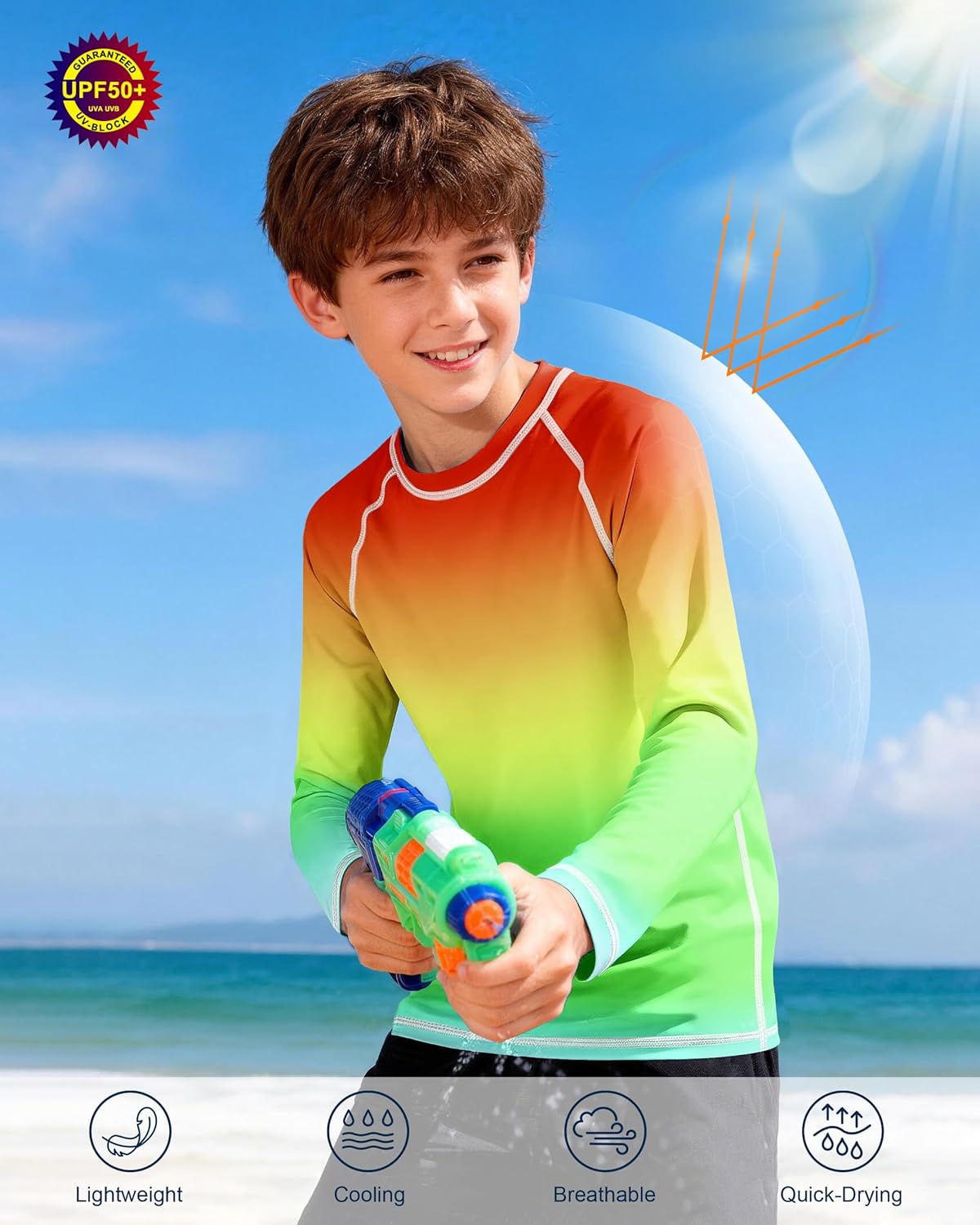 Skiennix Boys UPF 50+ Long Sleeve Swim Shirt - UV Sun Protection Rash Guard | Youth SPF Water Shirts