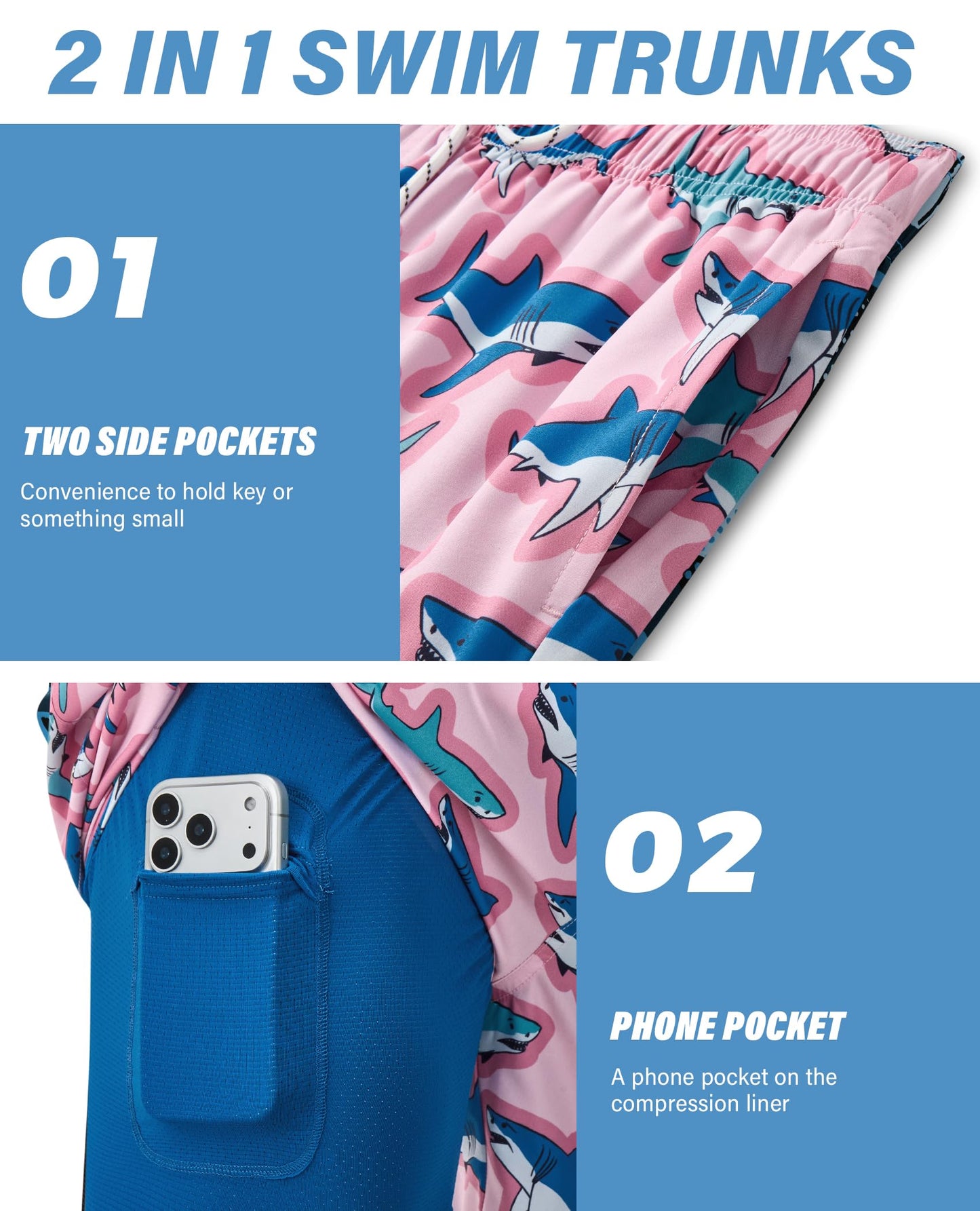 Gleeease Men Swim Trunks with Compression Liner Mens Board Shorts 7 Inch