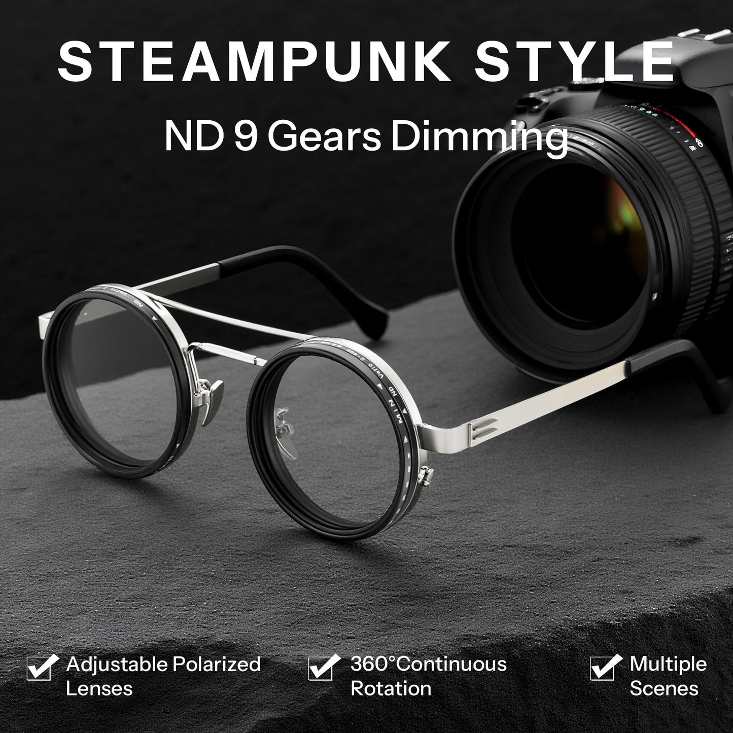 FEISEDY Adjustable Tint Aviator Polarized Sunglasses, 1-9 Gear Manual Dimming, Steampunk Round ND Filter Lenses UV400 B0319