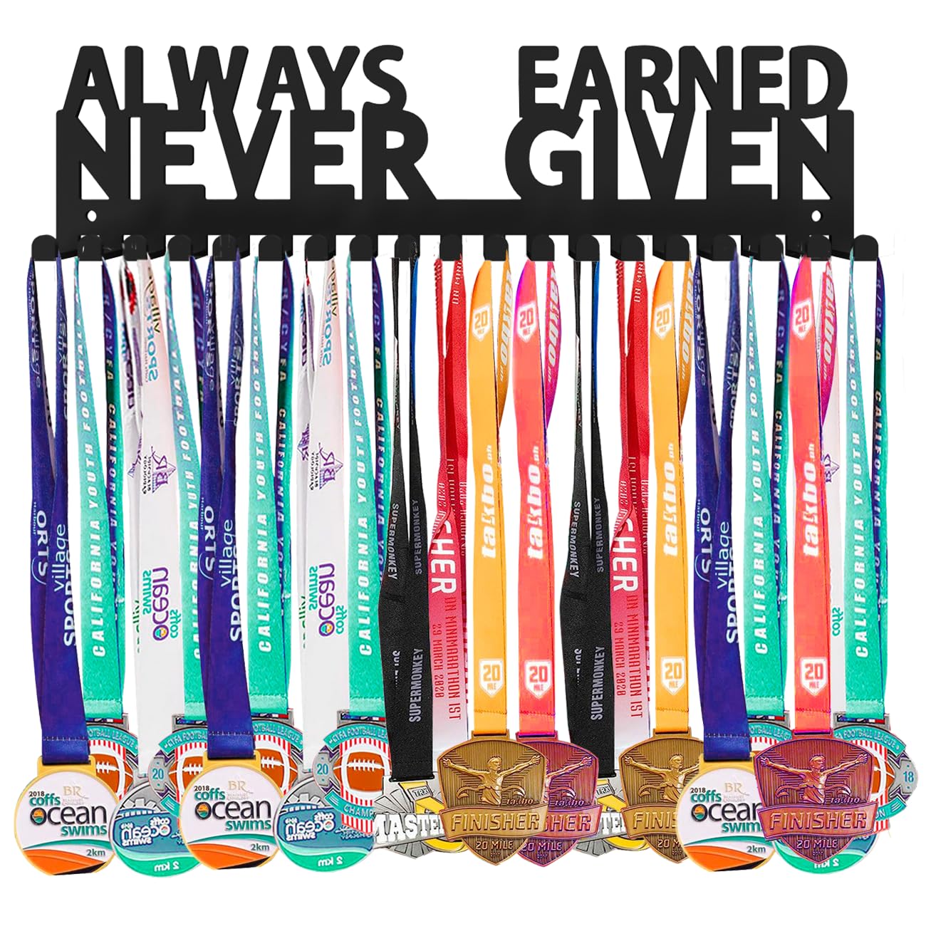 Medal Hanger Ribbon Holder Display Medals Wall Mounted Metal Trophy Rack Organizer Frame Awards Ribbon Cheer Gymnastics Soccer Softball Runner Hold Medals Easy to Install (Earned Hook 14 inch)