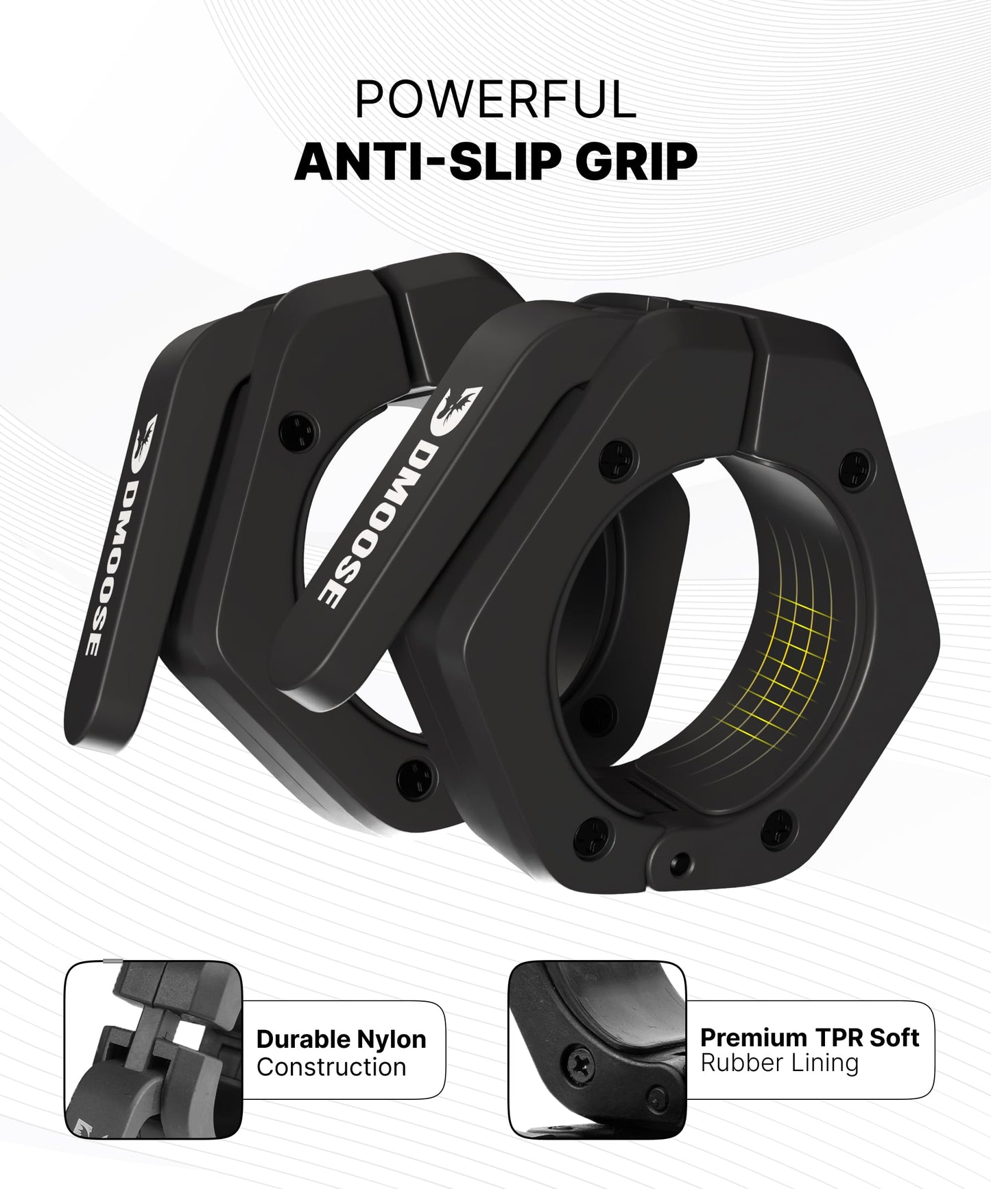 DMoose Fitness Barbell Clips (Pair) - Quick Release Olympic Barbell Clamps with Anti Slip TPR Grip - 2" Barbell Collars for Secure Weightlifting & Powerlifting (Black - Non Magnetic)