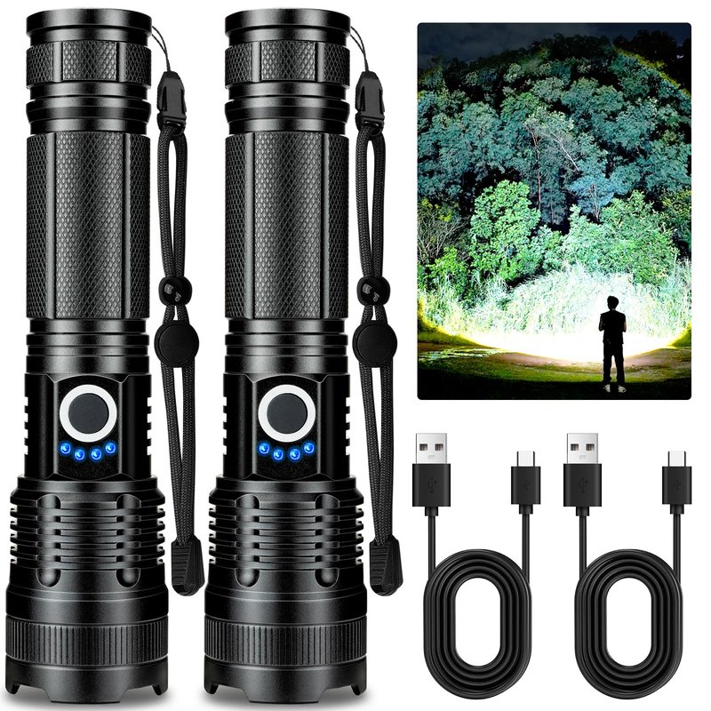 18FTRabbit Rechargeable LED Flashlights High Lumens 2 Packs, 99,000 Lumens Super Bright Flashlight, Adjustable Handheld Flashlight with 5 Modes, Brightest Waterproof Flash Light for Home Camping