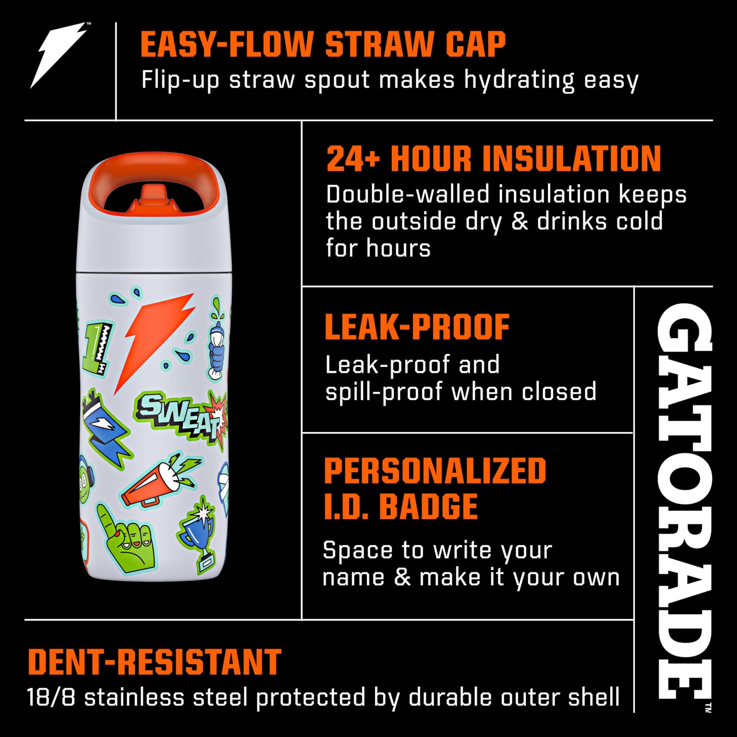 Gatorade Kids' Rookie Metal Water Bottle, 12oz, Stainless Steel Bottle, Double-Wall Insulation, Vacuum Insulated, Thermo Mug (Pack of 6)