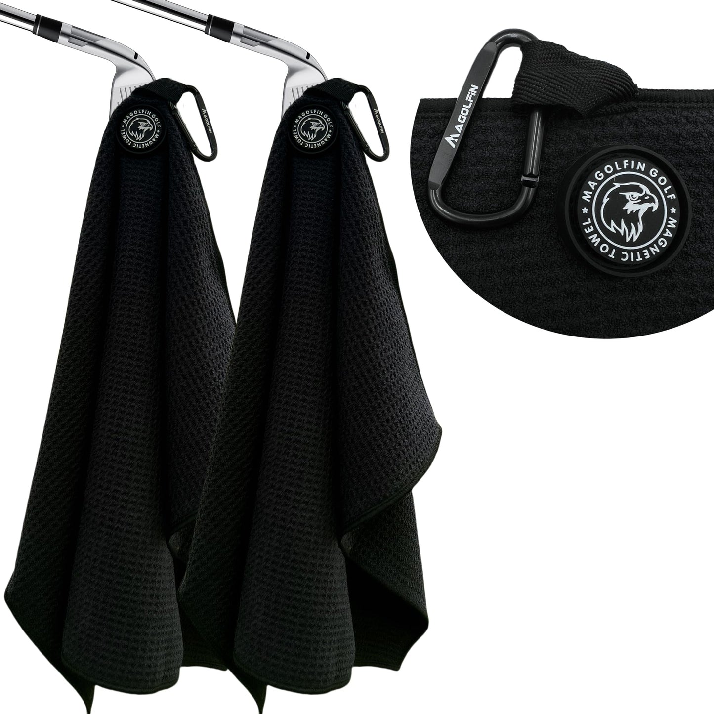 2-Pack Magnetic Golf Towel with Clip, Microfiber Waffle Design - Industrial Strength Magnet for Strong Hold to Golf Bags, Carts & Clubs - Black
