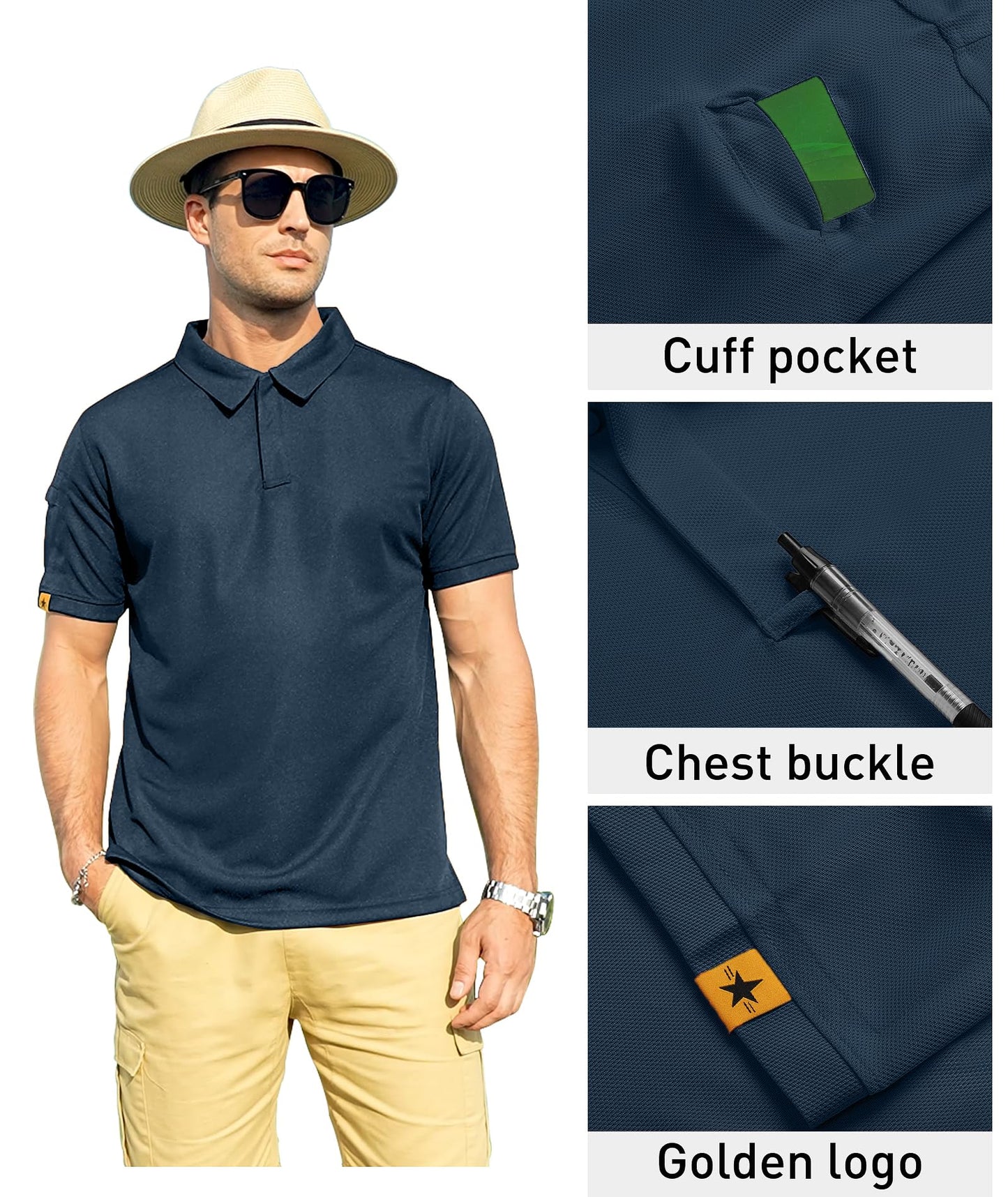 ZITY Mens Polo Shirt Short Sleeve Sports Tactical T-Shirt Athletic Golf Polos Daily Casual Stylish Collared Shirts for Men Navy Blue Large