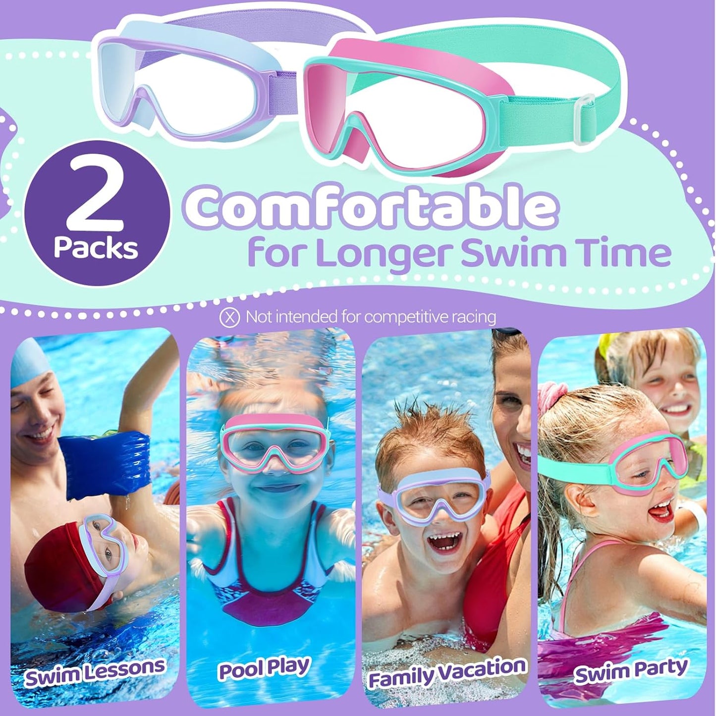 Vvinca Kids Swim Goggles - Anti-Fog, UV Protection, No Leak | 2 Pack with Comfort Fabric Strap for Ages 3-14
