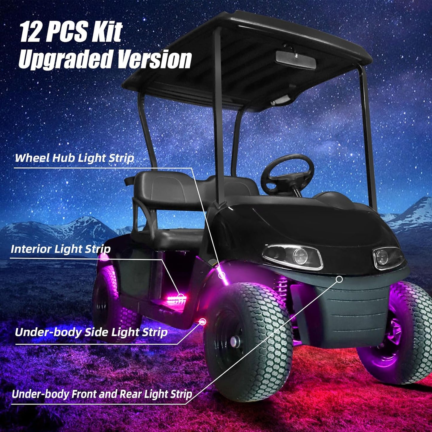Roykaw Golf Cart LED Strip Lights - Waterproof Neon Accent Kit with Wheel Well & Interior Lights | Sync to Music, Fits 12V-80V, 12 PCS