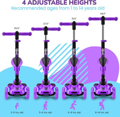 Hurtle 3-Wheeled Kids Scooter - LED Wheel Lights, Adjustable Handlebar & Foldable Seat | Sit or Stand Ride for Ages 1-14
