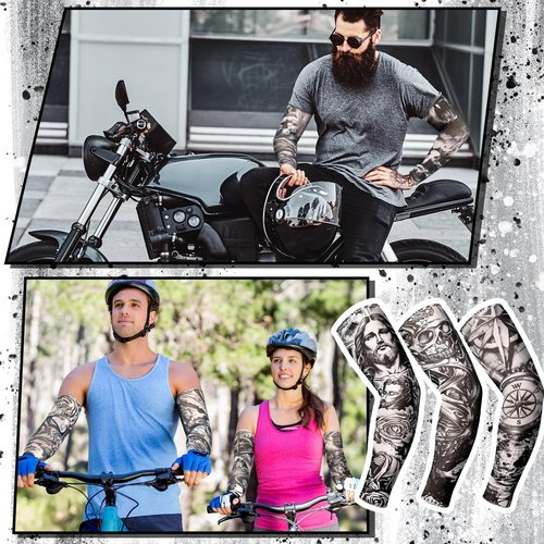 Boao 12 Pcs Temporary Tattoo Sleeve for Men Cooling Arm Sleeves Long Fingerless Arm Cover Anti Slip UV Protection Sun(Novelty Style,One Size)