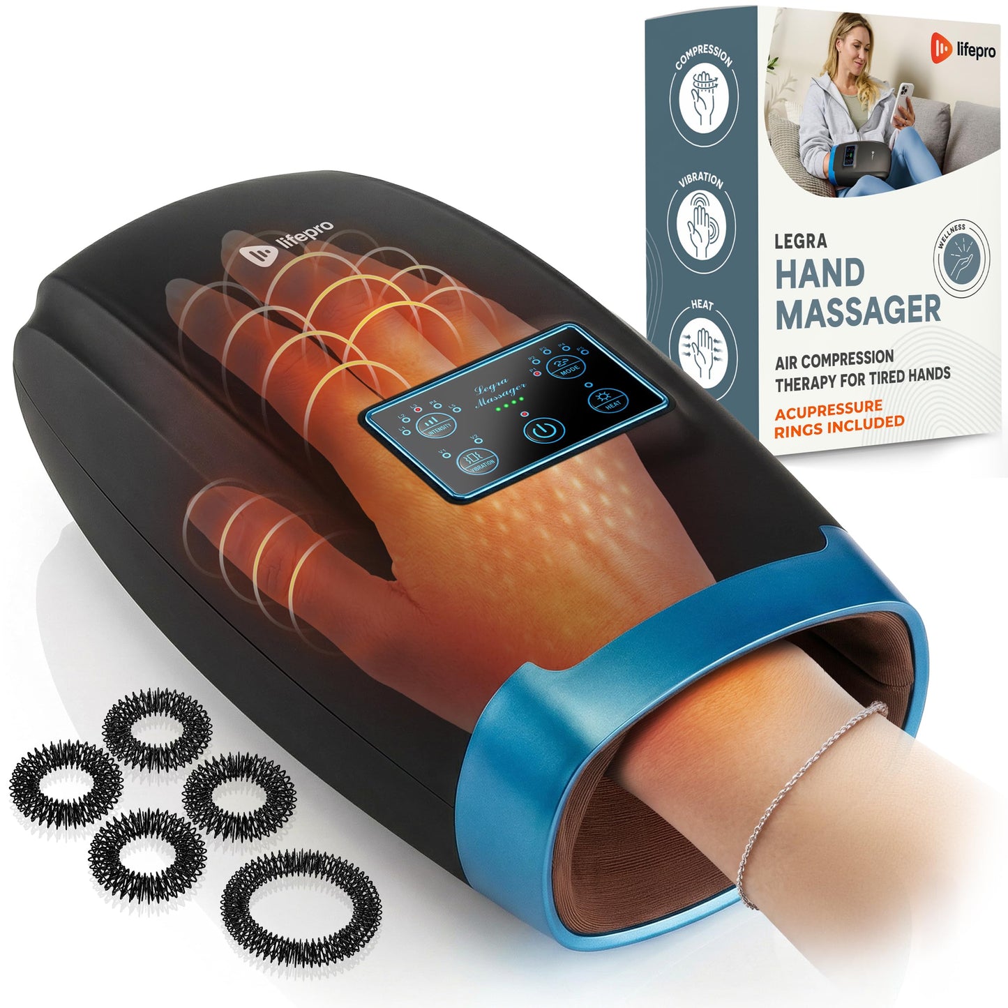 LifePro Legra Hand Massager with Heat and Compression - Finger, Wrist, and Palm Massager with Multi Massage Modes - Pressure Point Therapy for Sensitive Hands, Relaxation, and Comfort