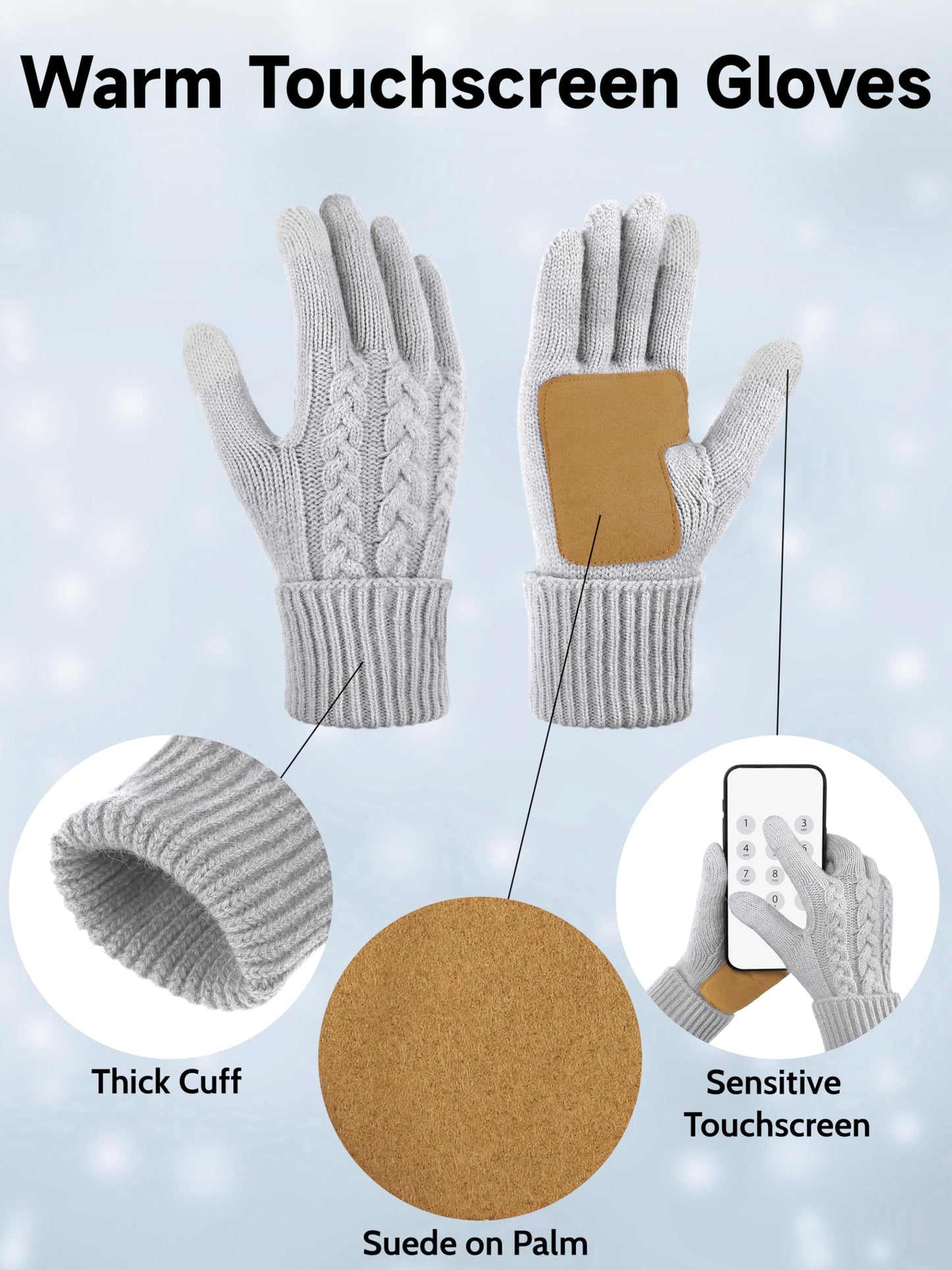 Aneco Winter Beanie Hat Scarf Gloves Ear Warmer Set for Women Fleece Lined Pom Pom Beanie Touchscreen Gloves 4 in 1 Set Light Grey