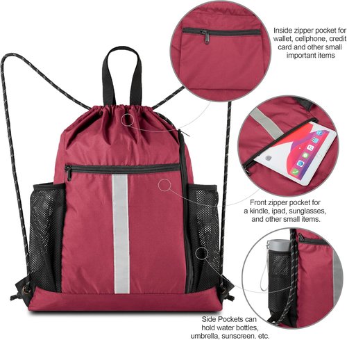 BeeGreen Gym Sack - Heavy Duty Drawstring Bag with Shoe Compartment & 2 Water Bottle Holders | Unisex