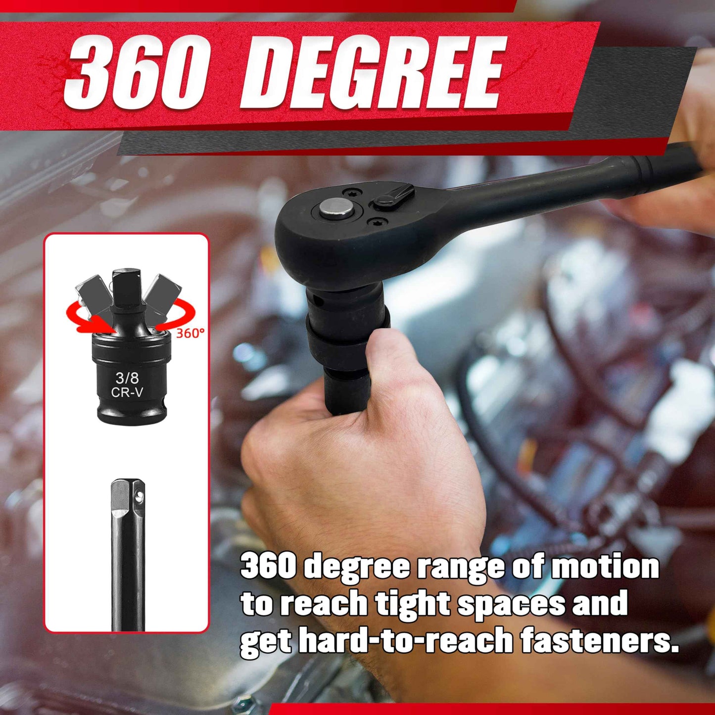 EACELIY 64pcs 3/8" Socket Set,Drive Impact Socket Set, SAE/Metric, Deep & Shallow, Cr-V Steel, 6 Point with Adapters, 72T Ratchet Handle, Extension Bars，Bit Adapter，6-24mm，5/16-1 inch