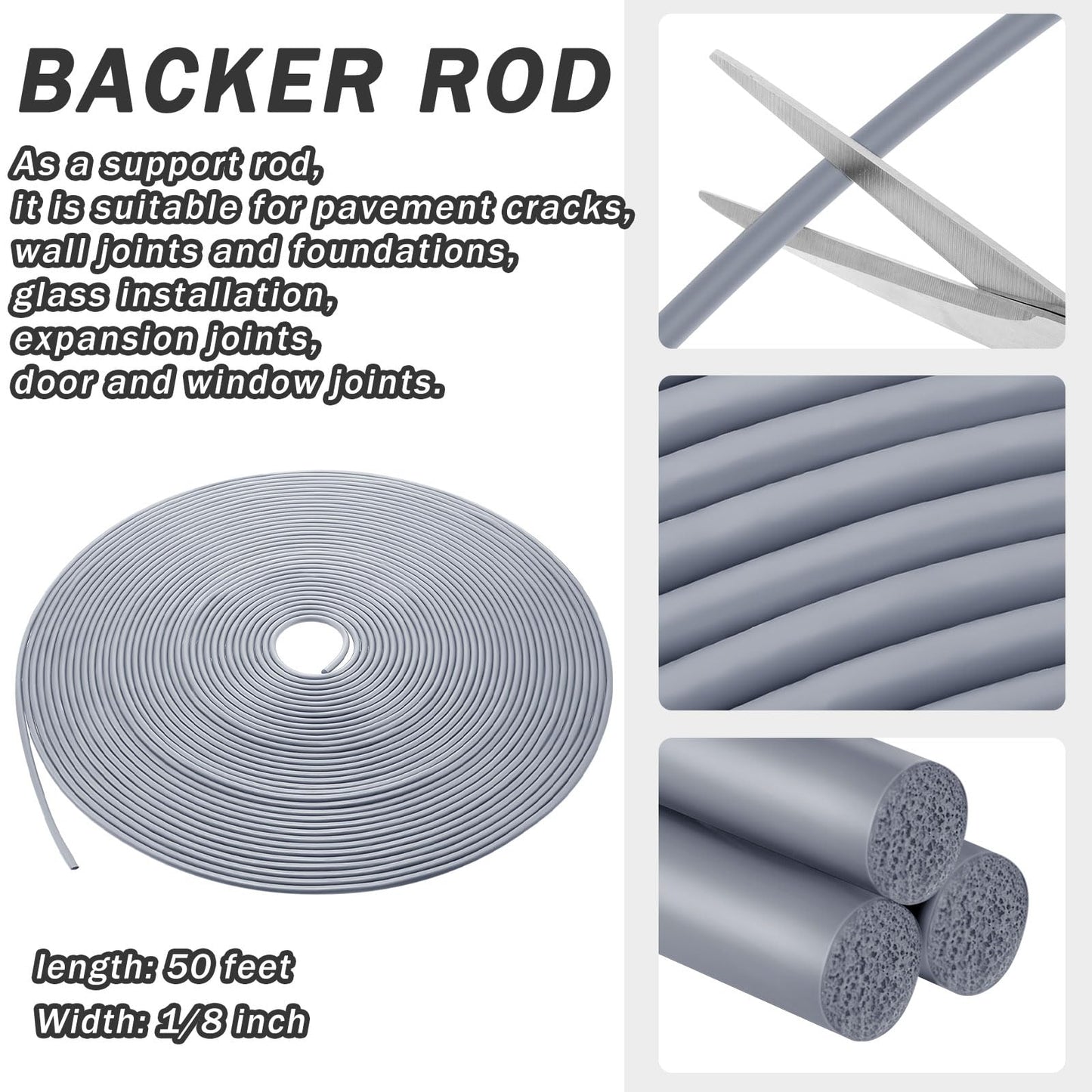 Frienda Backer Rod Foam Rubber Caulk Saver Concrete Expansion Joint Filler Weather Strip Seal for Gaps and Joints (Grey,1/8 Inch X 50 ft)