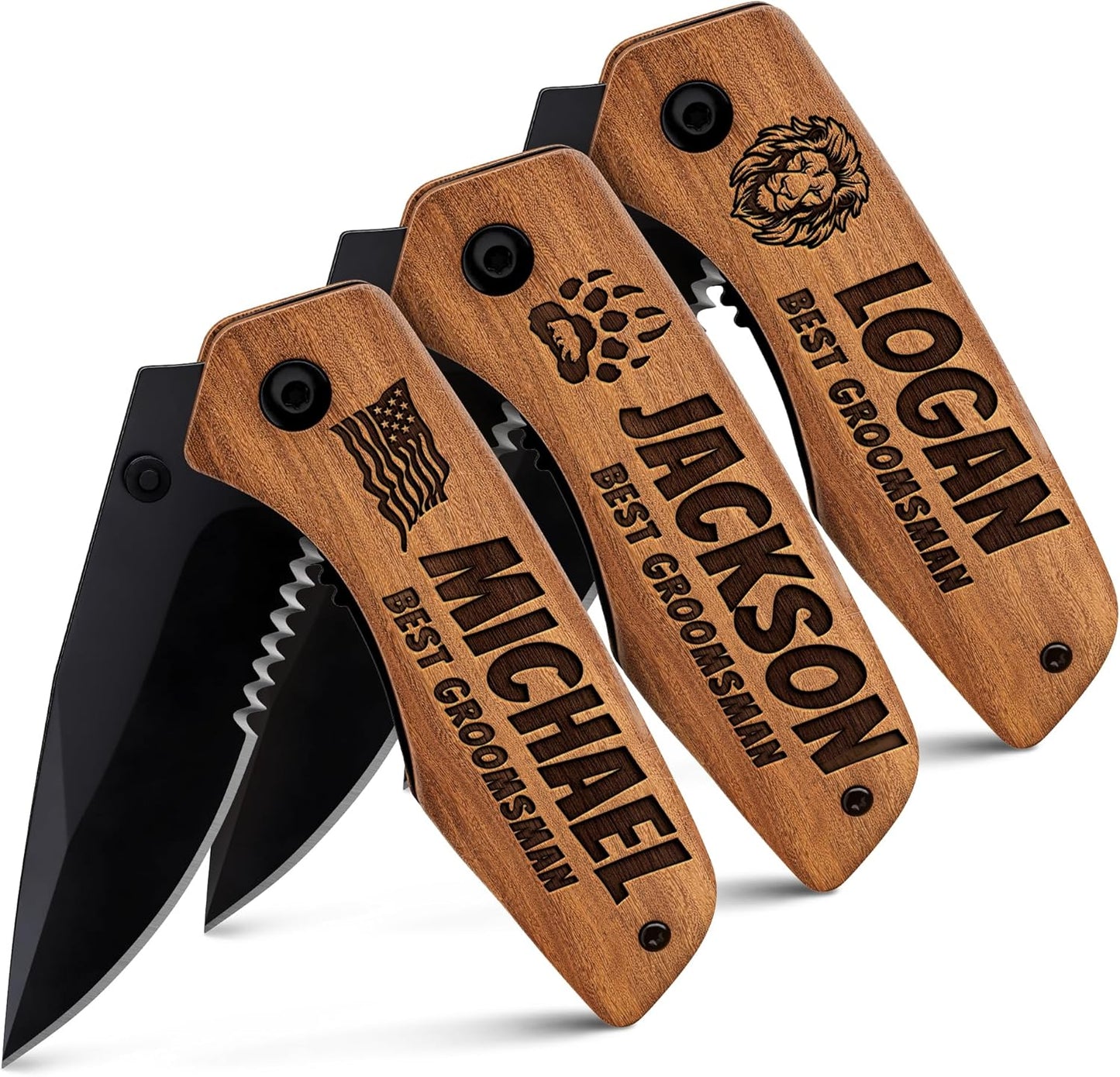 Skiennix Personalized Pocket Knife Set - Custom Engraved Folding Knives for Groomsmen | 3-Piece Gift Set
