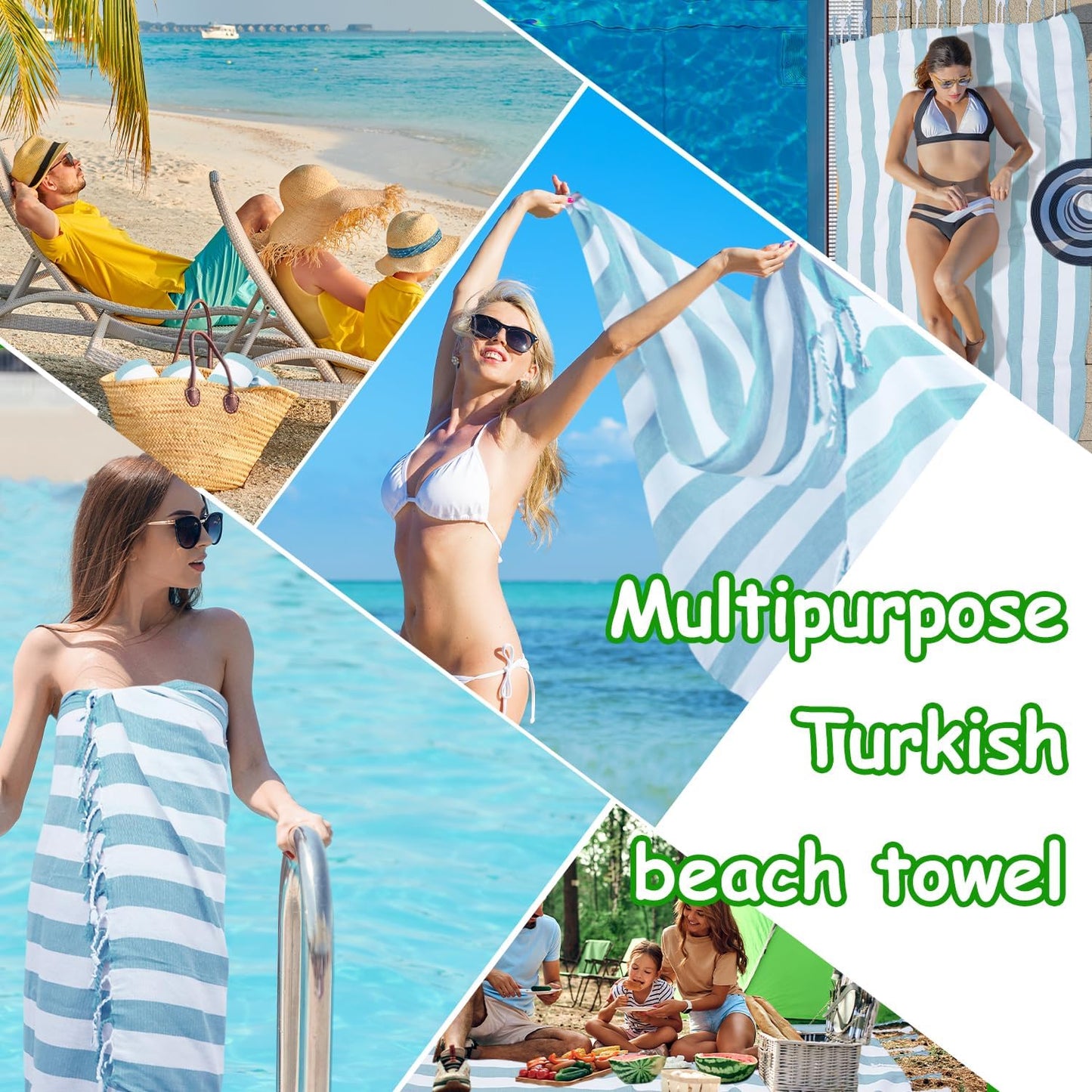Turkish Towel Set of 6 - Quick Dry, Lightweight Cotton Beach Towels | 36 x 71 Inches, Sand Free, Blue