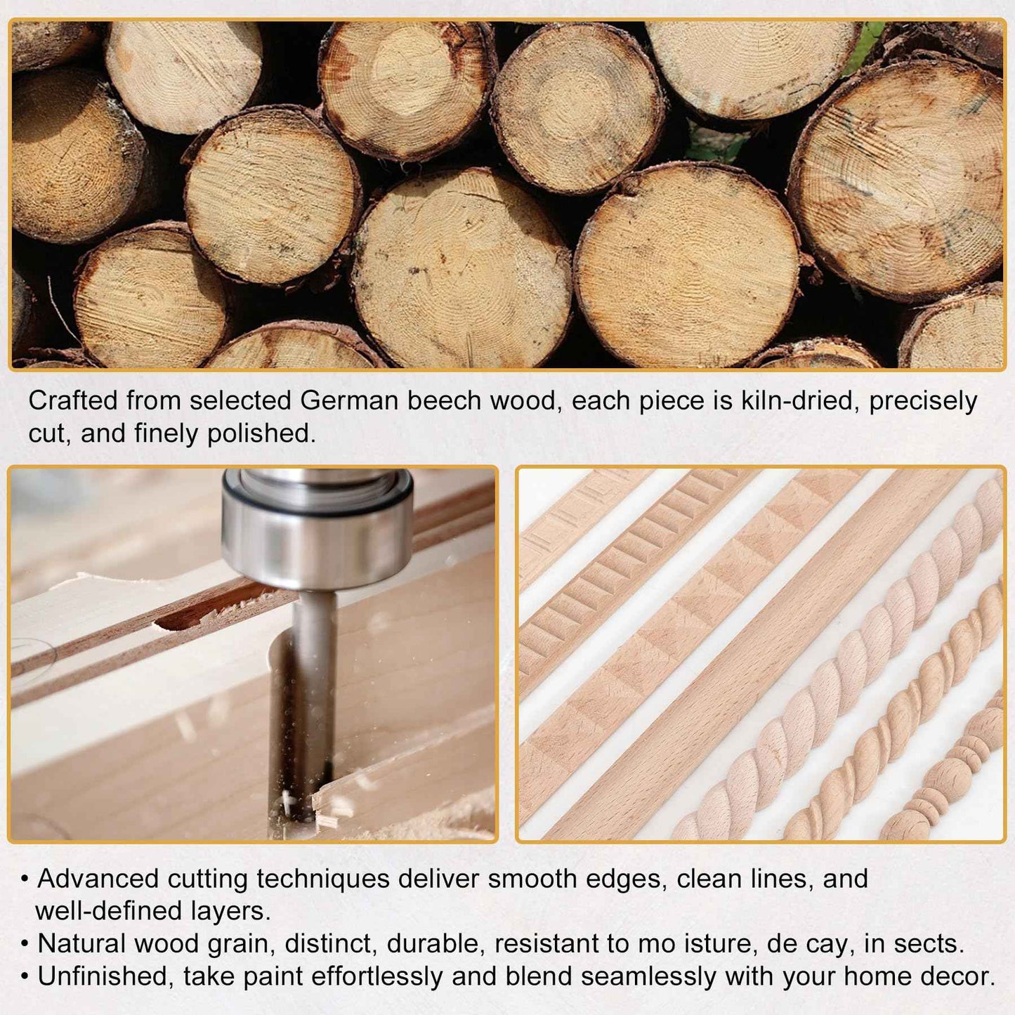 Soengsau 15-Pack 15.75" Unfinished Wood Astragal Trim - Easy to Paint, Cute Decorative Molding DIY Craft for Furniture Frame, Mirror Edge, Wall, Door, Closet, Dresser, Shelf