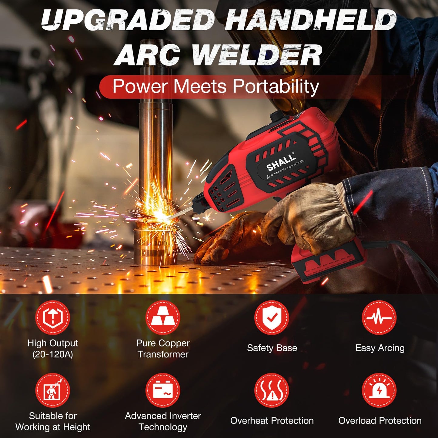 SHALL Portable Electric Welding Machine, 110V Handheld ARC Welder with IGBT Inverter, 0-120 Amp Adjustment Current for 1/16''-1/8'' Welding Rods