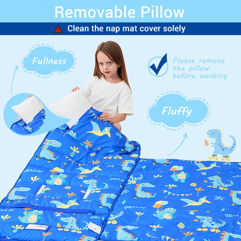Toddler Nap Mat with Pillow and Blanket, Extra Large Rolled Napping Mats,Slumber Bags for Boys Girls,Kids Sleeping Bag for Daycare, 21" x 50" Preschool Travel Camping - Blue Dinosaurs