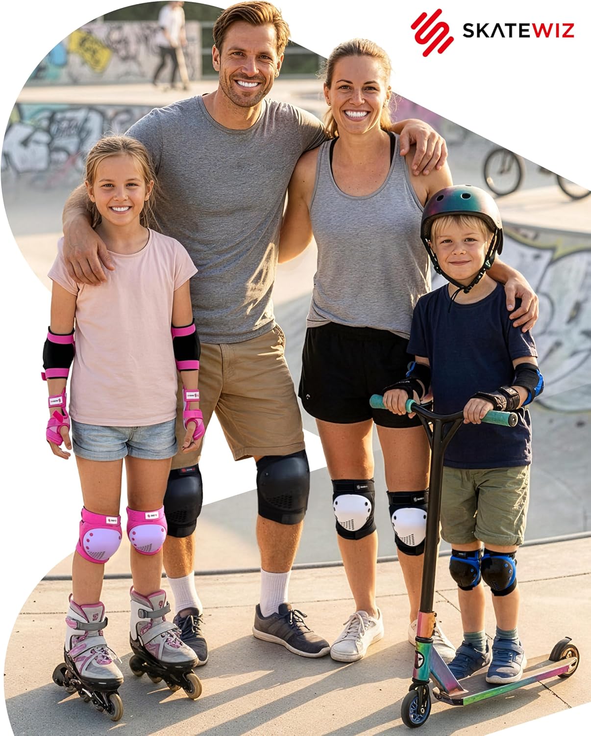 SKATEWIZ Skateboard Pads | Protective Gear Set for Kids & Adults - 6pc Roller Skate Pads with Wrist Guards