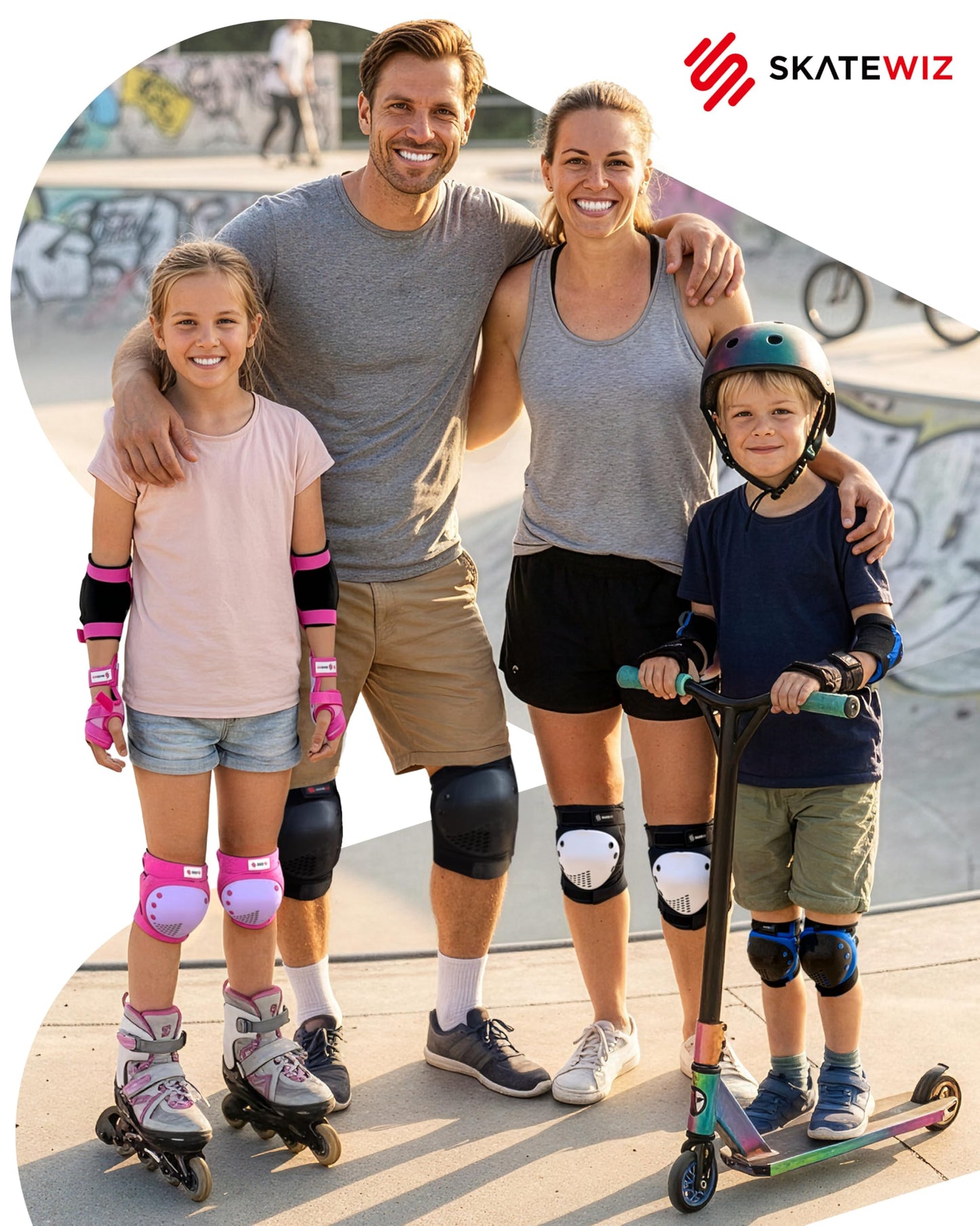 SKATEWIZ Kids Knee Pads and Elbow Pads Set - Wrist Guards for Skateboarding - Smash - Size M/L Blue Purple - Skating Protective Gear, Roller Skates, Skateboard - Ice Skating Kids