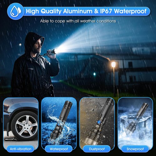 JMNGSHU Flashlight with 10000 Lumens, Type-C Fast Charging & 16-Hour Runtime, 3 Modes, Telescopic Zoom, Waterproof, Compact Handheld Flashlight for Camping, Hiking, Hurricane Prep