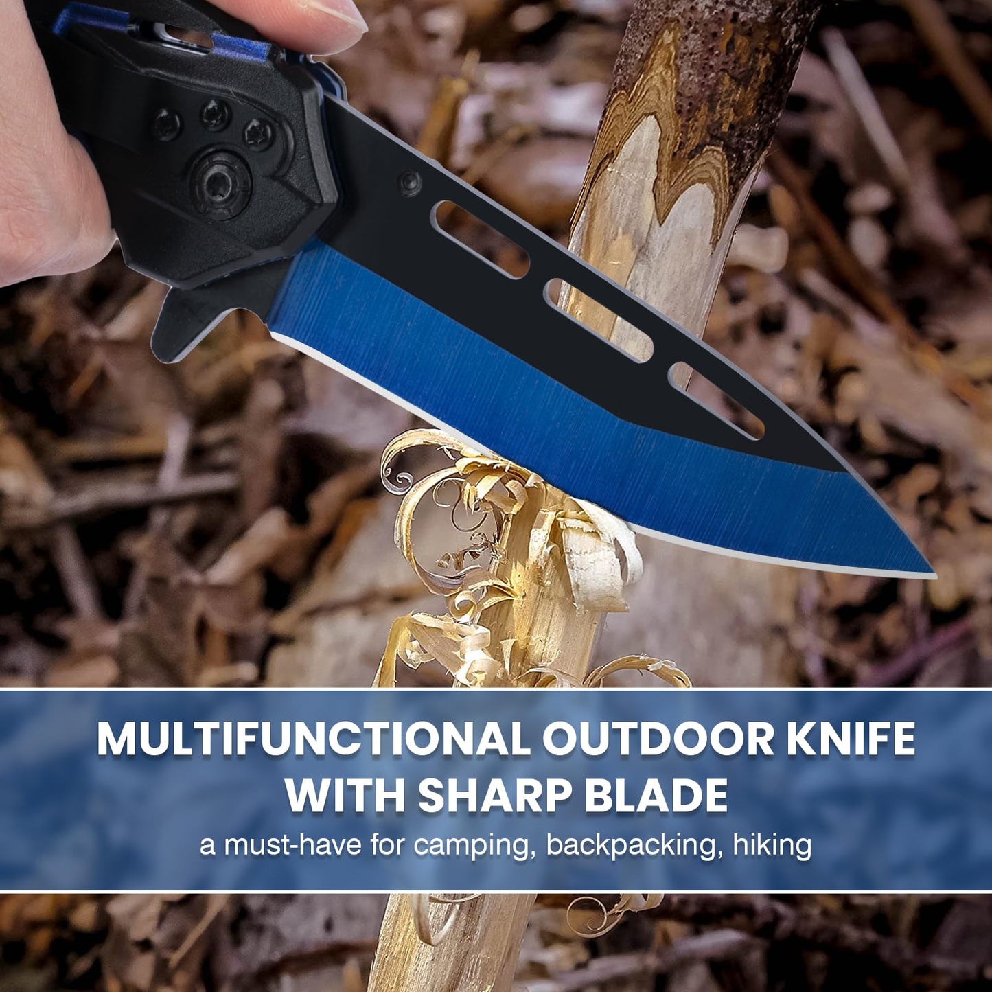 FUNBRO Cool Pocket Knife for Men, Camping Knife with 3.4” Stainless Steel Blade, EDC Folding Knives with Clip for Outdoor Hiking, Gifts for Dad Him Husband (Blue)