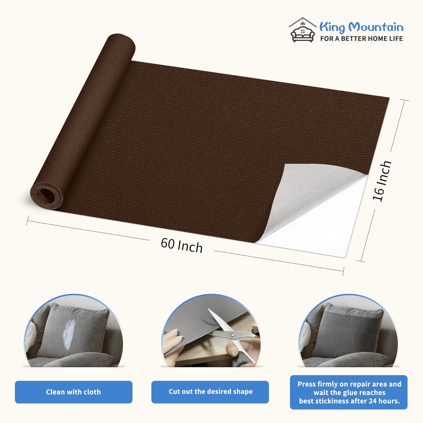 KING MOUNTAIN Canvas Repair Patch 16×60 Inch Self-Adhesive Waterproof Fabric Patch for Sofas, Tents, Furniture,Tote Bags, Car Seats (Dark Brown)