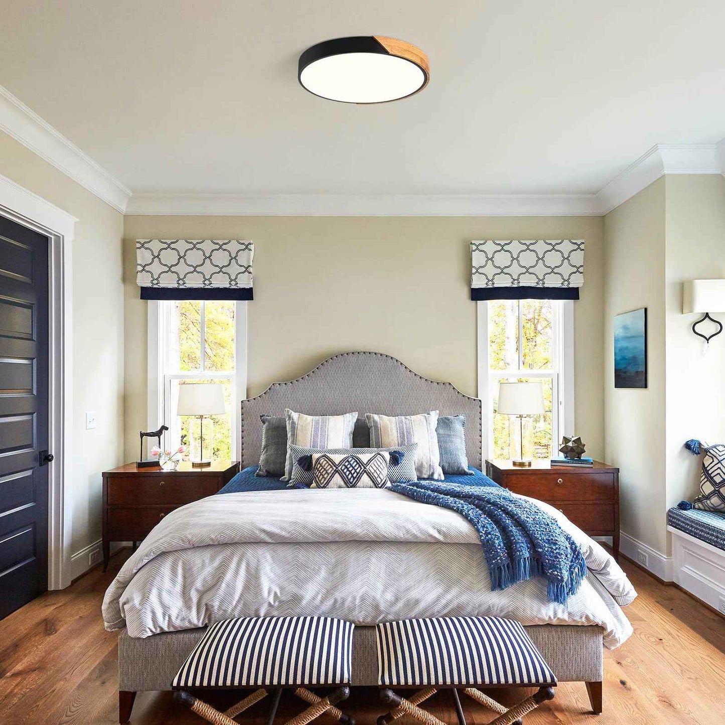 Peblto Modern Dimmable Black LED Ceiling Light, 2700 K - 6000 K 5CCT Wood Flush Mount Ceiling Lighting Fixtures, Minimalist Round Ceiling Lamp for Living Room Bedroom Kitchen Hallway（15.8in）