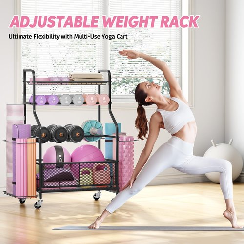 Dumbbell Rack, Weight Storage Rack for Home Gym with Wheels, Holds Yoga Mats, Kettlebells & Strength Training Equipment, Black